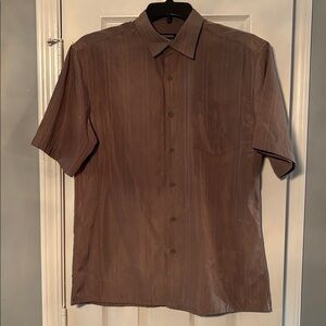 George Brown Short Sleeve Button Down Shirt with Thin Tan Stripes
